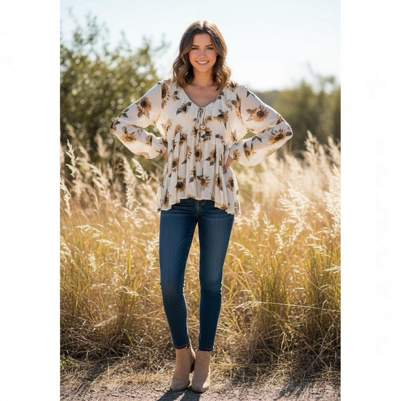 Altar’d State Sunflower Print Babydoll Peasant Long Sleeve Blouse – Size Small - Picture 1 of 9